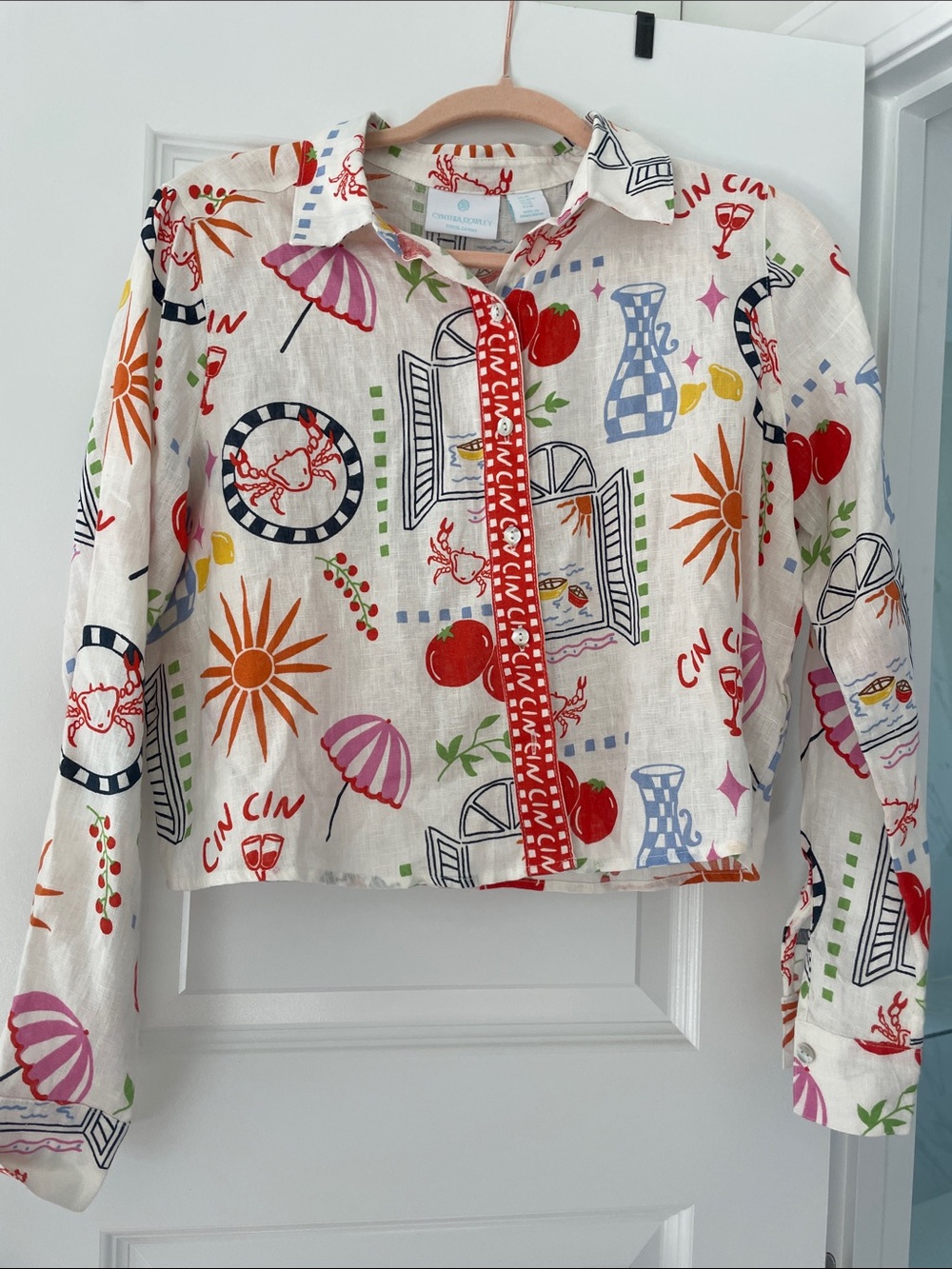 Linen Cream Button-Down Shirt with Red, Orange, Blue and Pink Summer Print